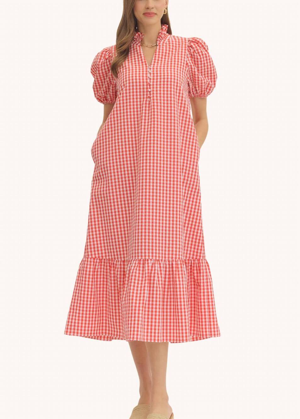 NEW ENTRO fallon cotton midi dress in red gingham